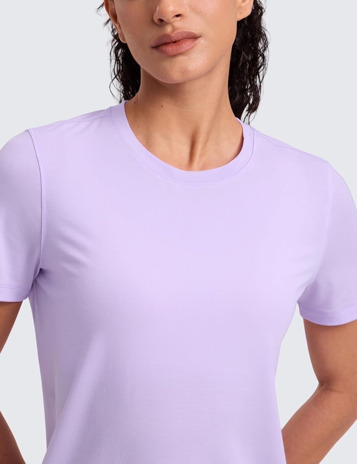 image:imageCRZ YOGA Quick Dry Workout Tops for Women Hip Length Athletic Running Gym Yoga Short Sleeve Shirts Crewneck Basic TeesLavender Frost