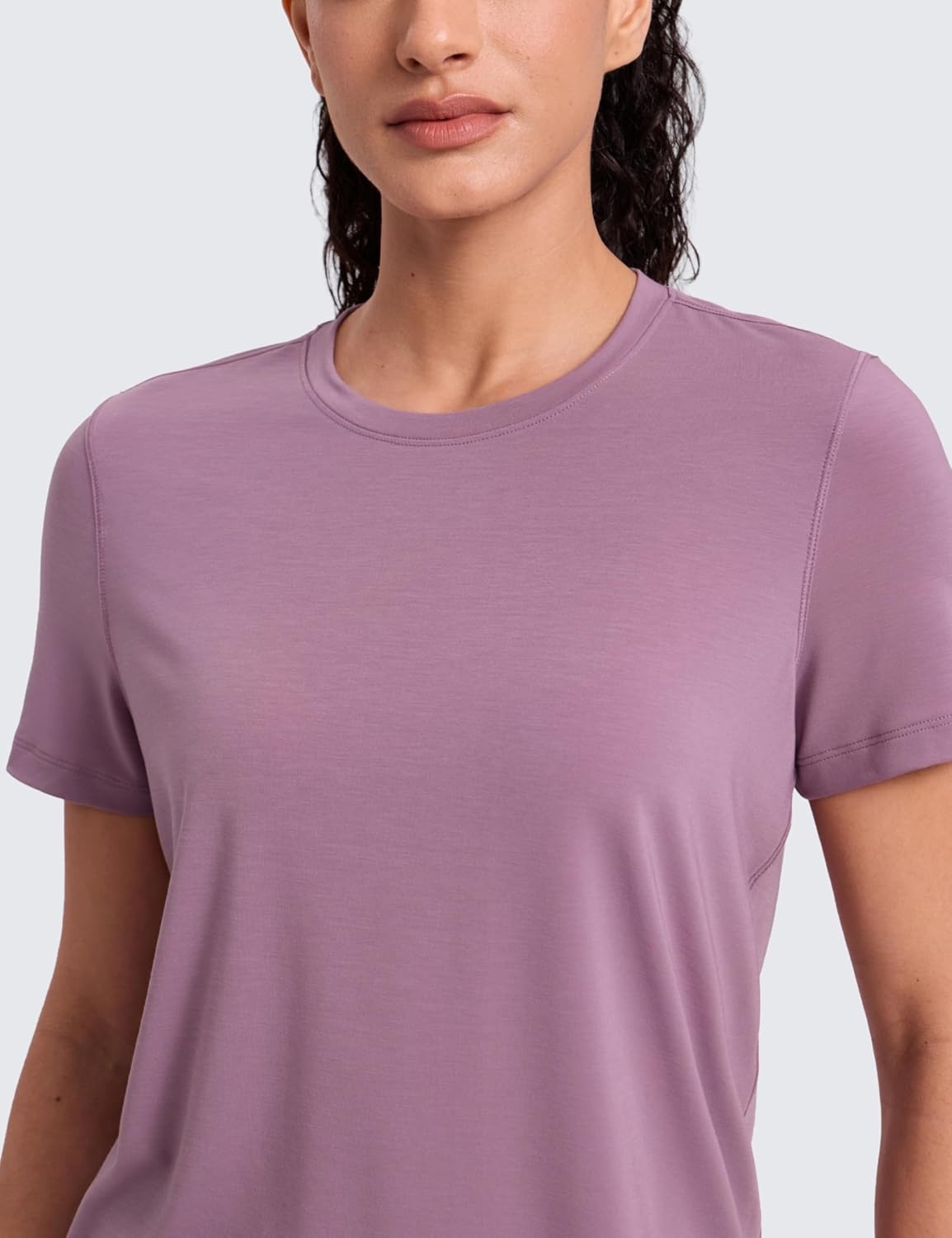 image:imageCRZ YOGA Quick Dry Workout Tops for Women Hip Length Athletic Running Gym Yoga Short Sleeve Shirts Crewneck Basic TeesLight Lavender