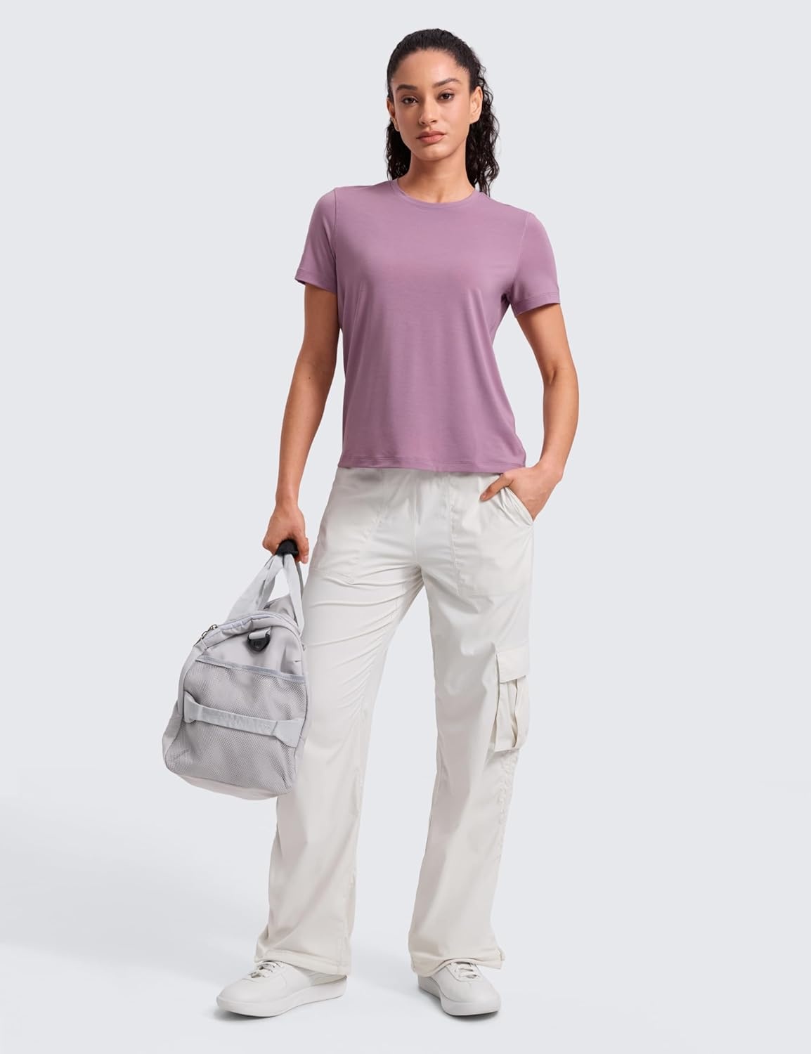 image:imageCRZ YOGA Quick Dry Workout Tops for Women Hip Length Athletic Running Gym Yoga Short Sleeve Shirts Crewneck Basic TeesLight Lavender