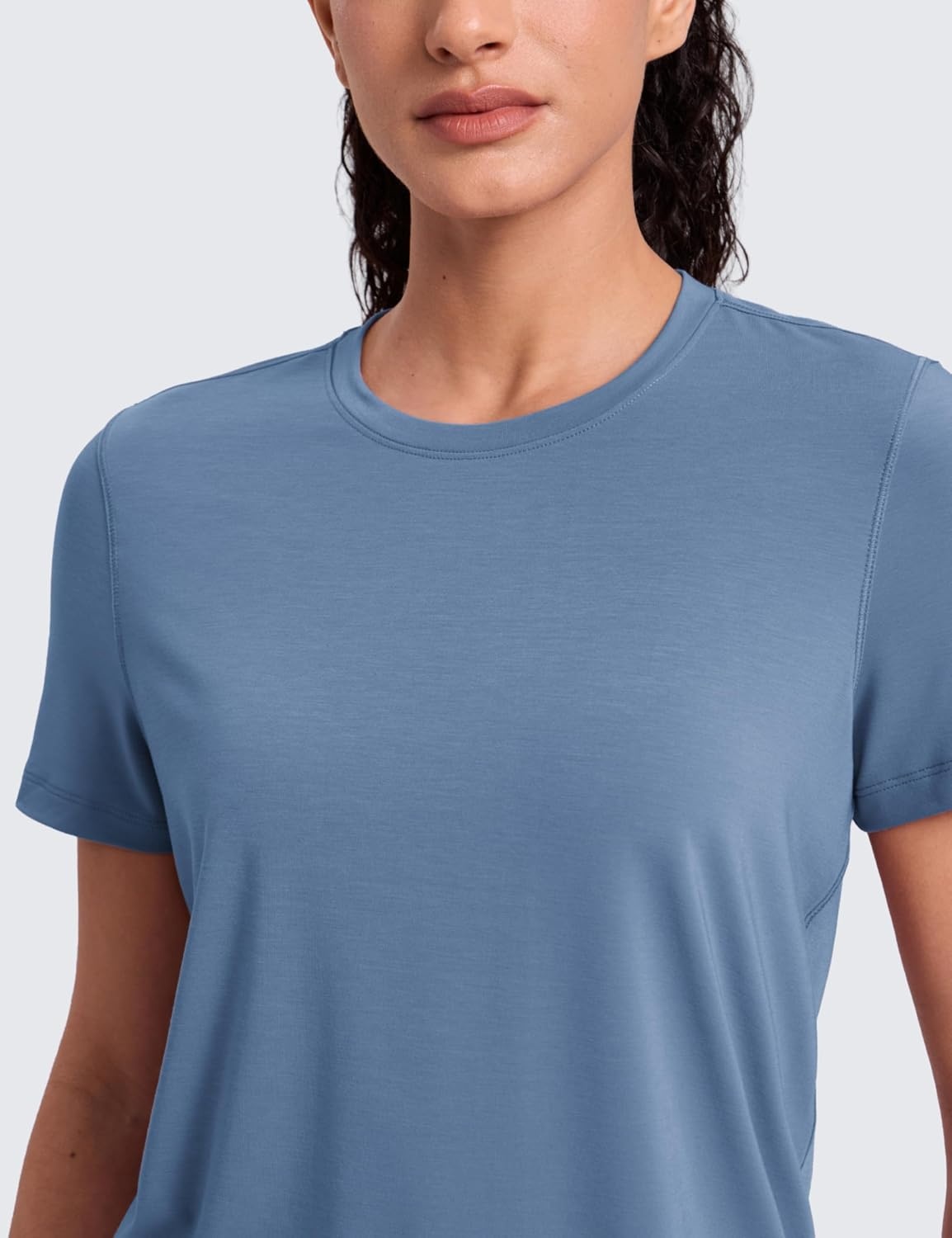 image:imageCRZ YOGA Quick Dry Workout Tops for Women Hip Length Athletic Running Gym Yoga Short Sleeve Shirts Crewneck Basic TeesWashed Denim