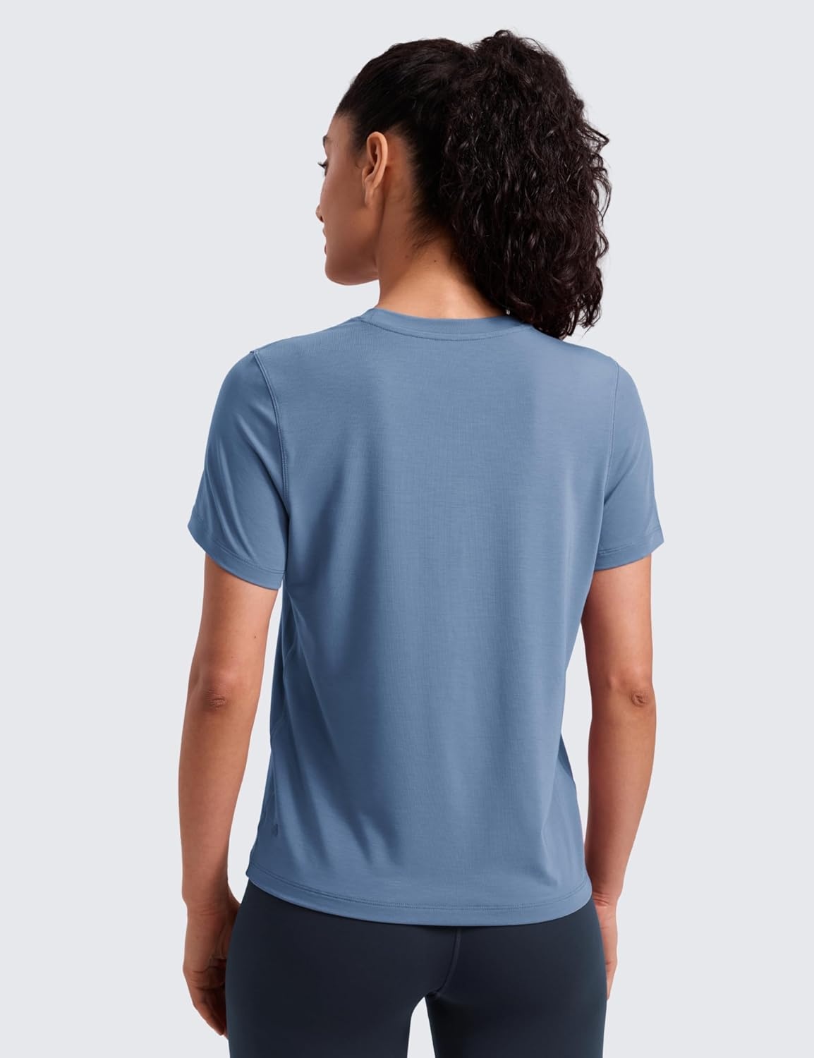 image:imageCRZ YOGA Quick Dry Workout Tops for Women Hip Length Athletic Running Gym Yoga Short Sleeve Shirts Crewneck Basic TeesWashed Denim