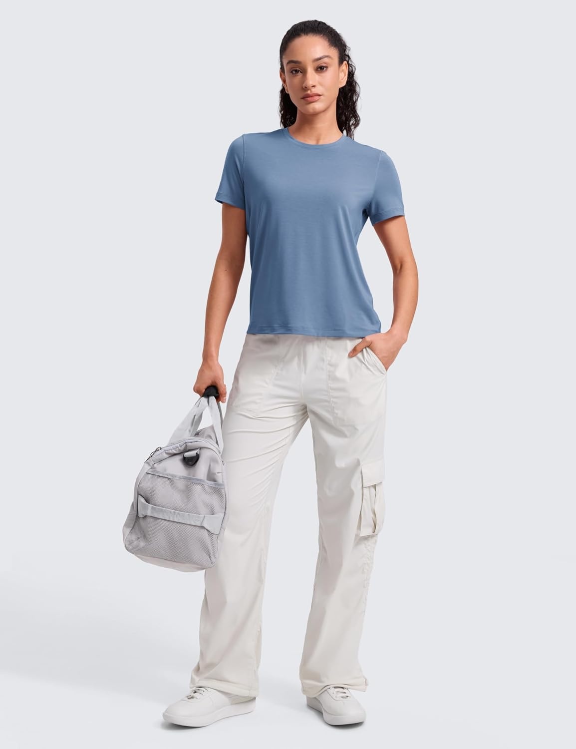 image:imageCRZ YOGA Quick Dry Workout Tops for Women Hip Length Athletic Running Gym Yoga Short Sleeve Shirts Crewneck Basic TeesWashed Denim