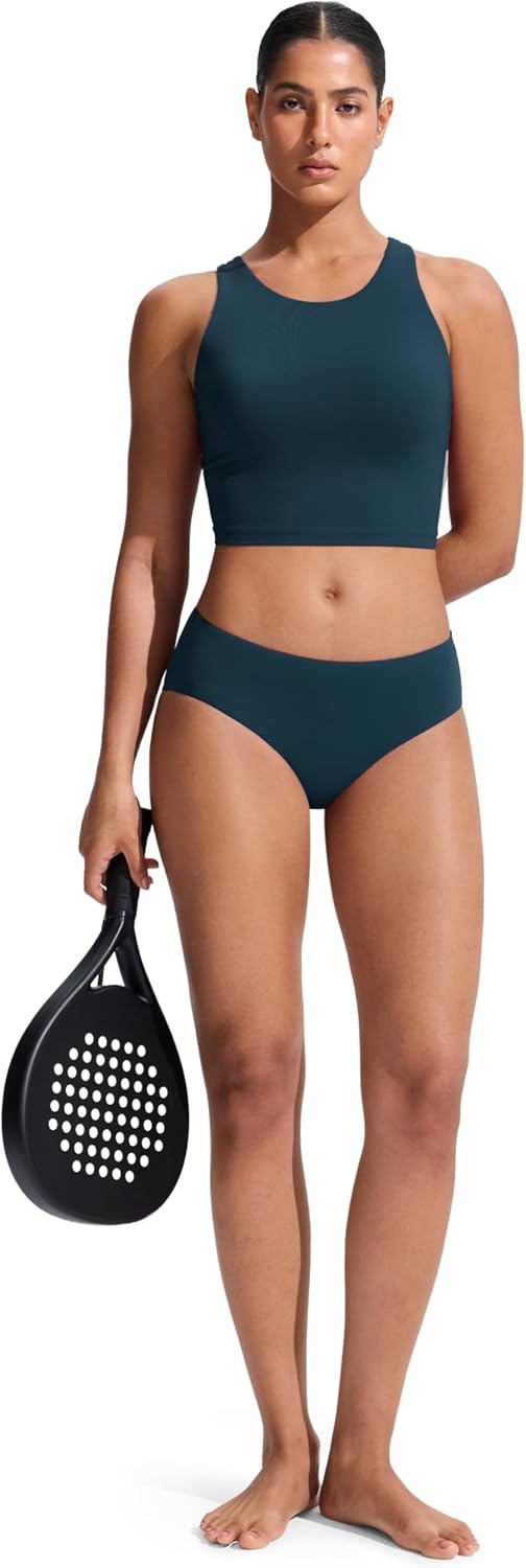 image:imageCRZ YOGA Racerback Bikini Tops for Women Padded High Neck Modest Swim Sports Bathing BraInsignia Blue
