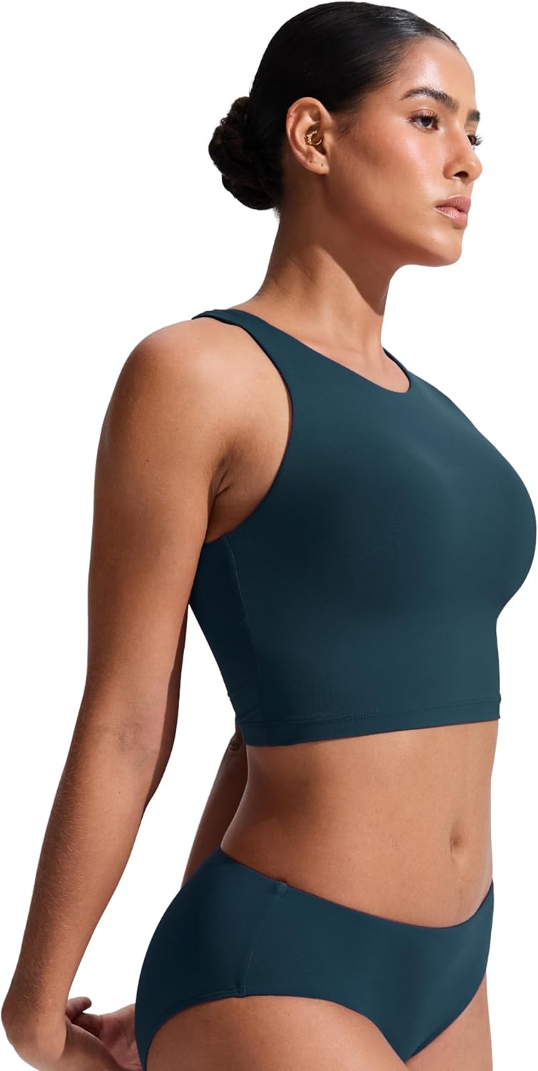 image:imageCRZ YOGA Racerback Bikini Tops for Women Padded High Neck Modest Swim Sports Bathing BraInsignia Blue