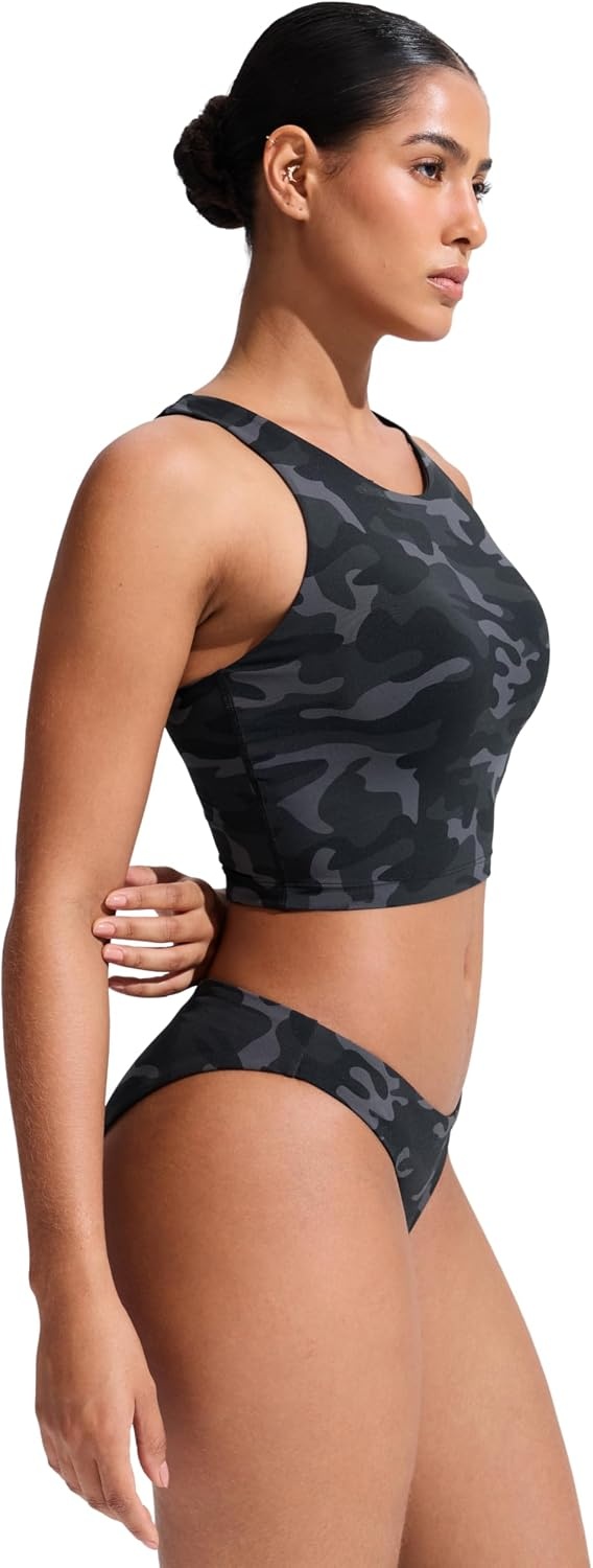 image:imageCRZ YOGA Racerback Bikini Tops for Women Padded High Neck Modest Swim Sports Bathing BraJungle Camouflage Gray