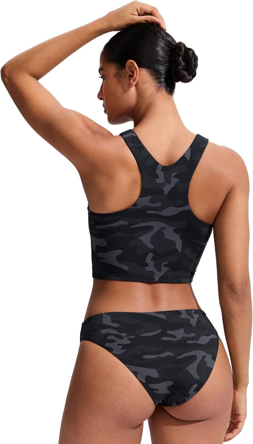 image:imageCRZ YOGA Racerback Bikini Tops for Women Padded High Neck Modest Swim Sports Bathing BraJungle Camouflage Gray