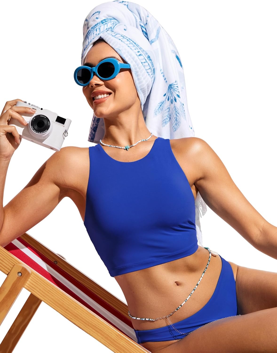image:imageCRZ YOGA Racerback Bikini Tops for Women Padded High Neck Modest Swim Sports Bathing BraWaves Blue