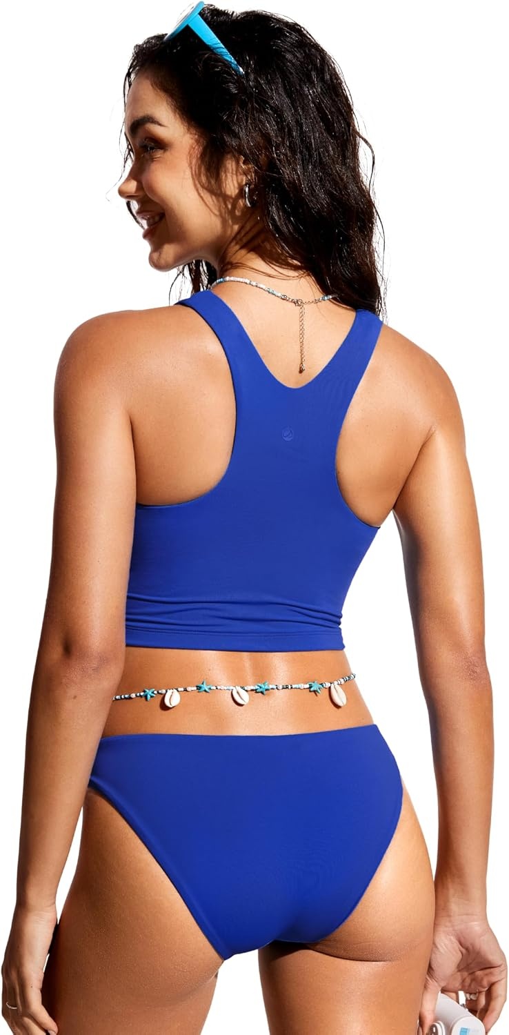 image:imageCRZ YOGA Racerback Bikini Tops for Women Padded High Neck Modest Swim Sports Bathing BraWaves Blue