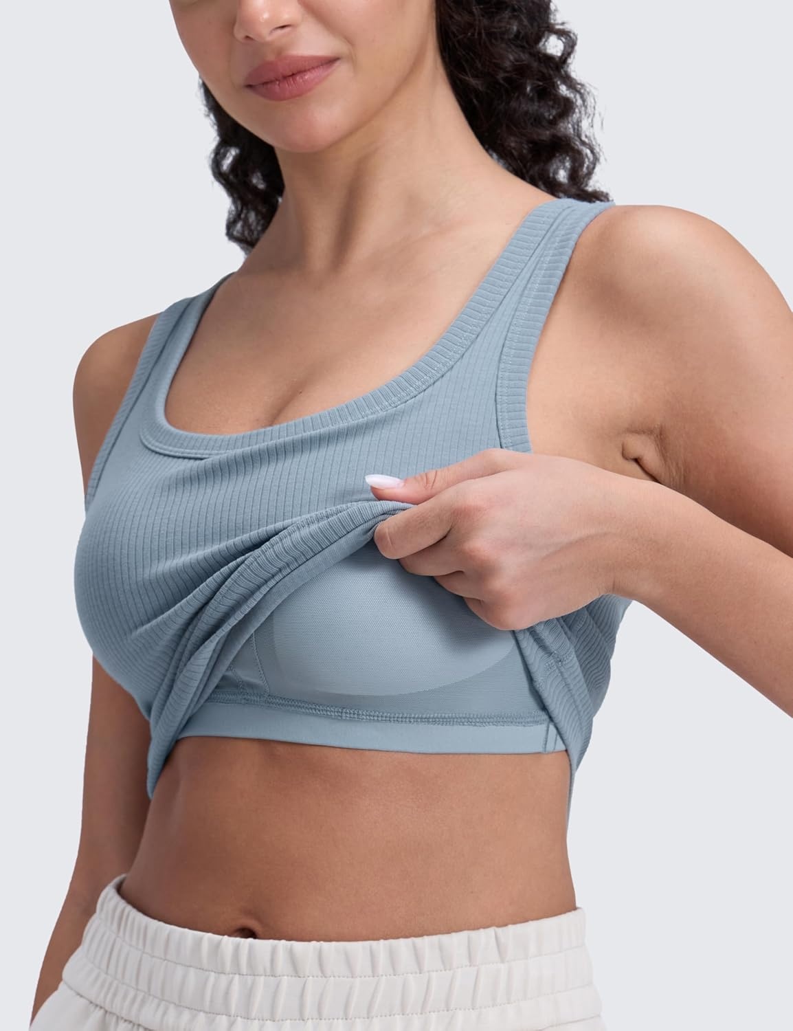 image:imageCRZ YOGA Ribbed Scoop Neck Crop Tank Tops for Women Padded Longline Sports Bras Yoga Workout CamiCambric Blue