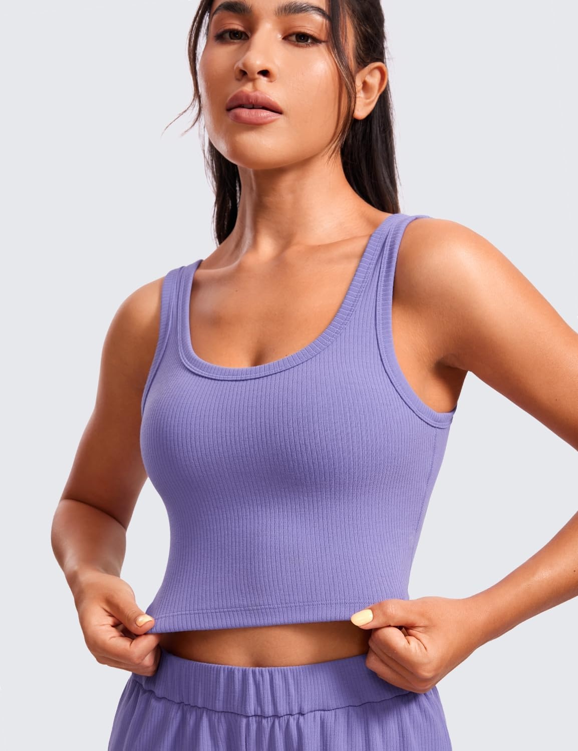 image:imageCRZ YOGA Ribbed Scoop Neck Crop Tank Tops for Women Padded Longline Sports Bras Yoga Workout CamiDark Lavender Purple
