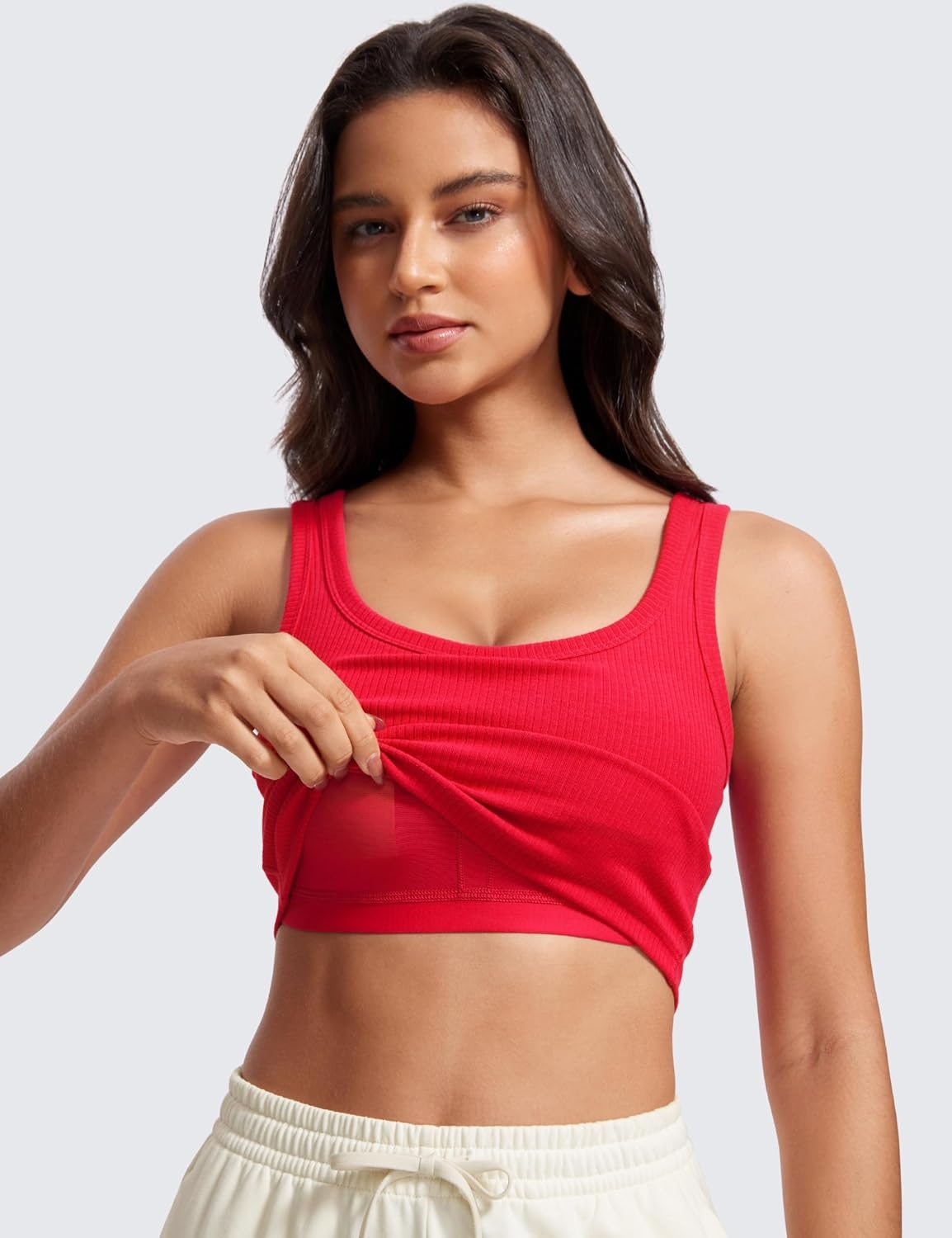 image:imageCRZ YOGA Ribbed Scoop Neck Crop Tank Tops for Women Padded Longline Sports Bras Yoga Workout CamiDeep Red