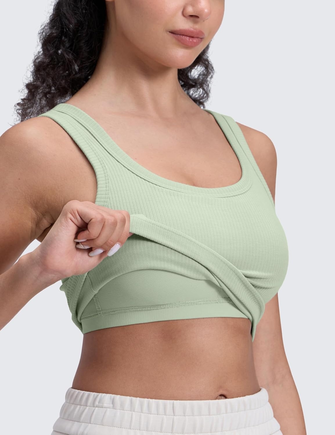 image:imageCRZ YOGA Ribbed Scoop Neck Crop Tank Tops for Women Padded Longline Sports Bras Yoga Workout CamiFog Green