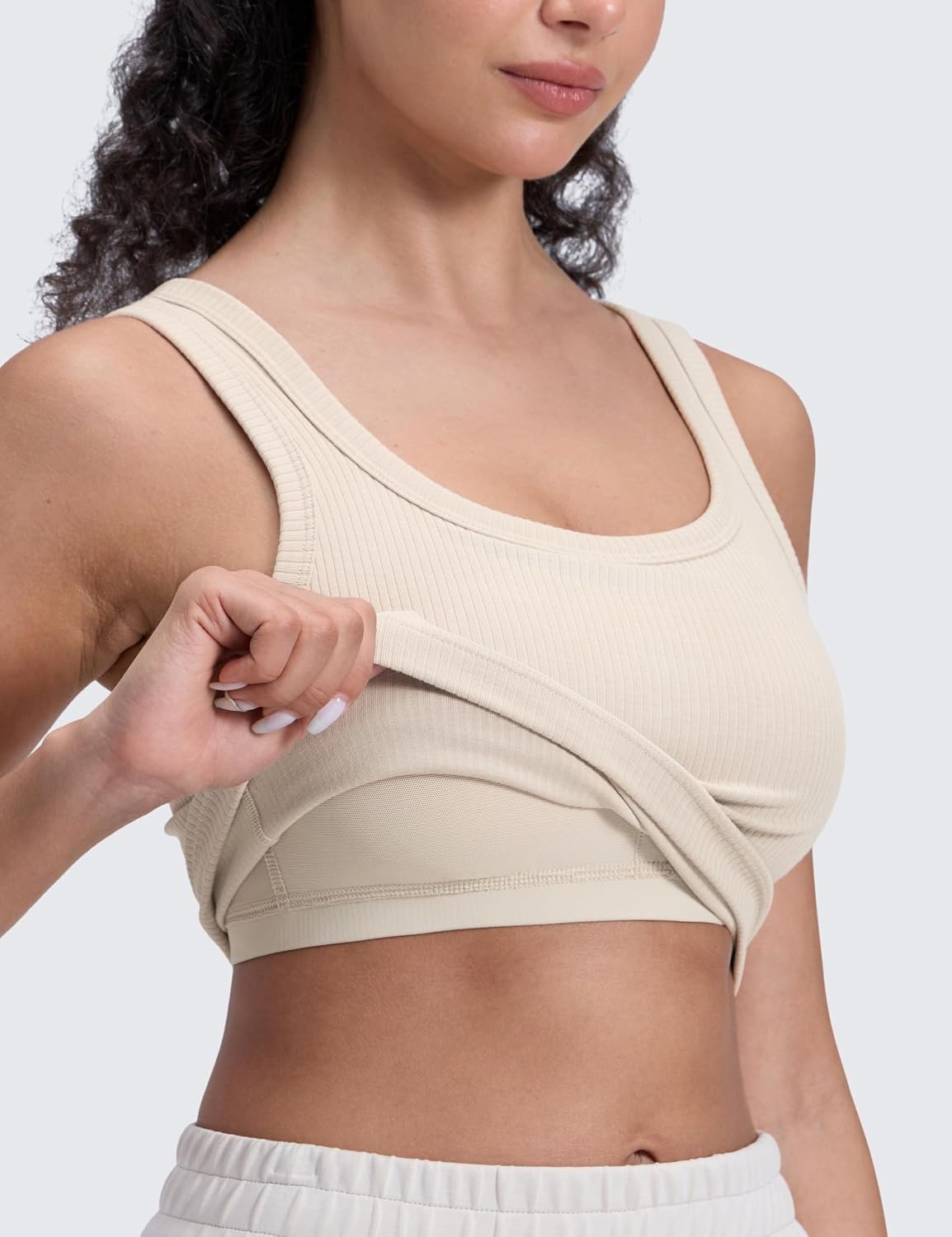 image:imageCRZ YOGA Ribbed Scoop Neck Crop Tank Tops for Women Padded Longline Sports Bras Yoga Workout CamiMojave Tan