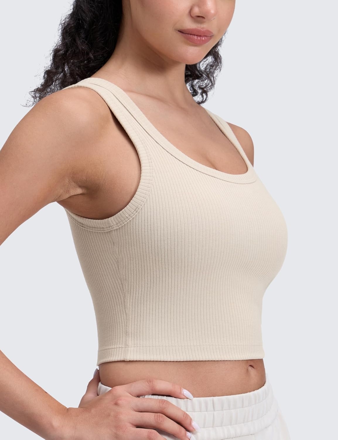 image:imageCRZ YOGA Ribbed Scoop Neck Crop Tank Tops for Women Padded Longline Sports Bras Yoga Workout CamiMojave Tan