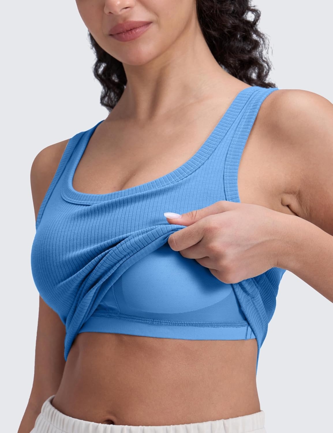 image:imageCRZ YOGA Ribbed Scoop Neck Crop Tank Tops for Women Padded Longline Sports Bras Yoga Workout CamiParty Blue