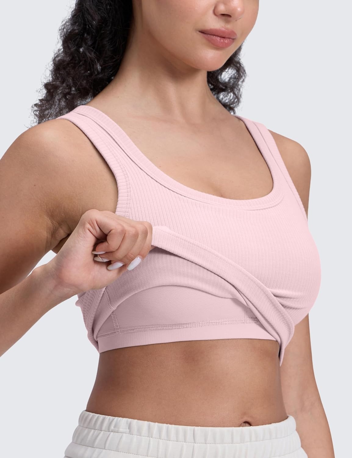 image:imageCRZ YOGA Ribbed Scoop Neck Crop Tank Tops for Women Padded Longline Sports Bras Yoga Workout CamiPink Haze