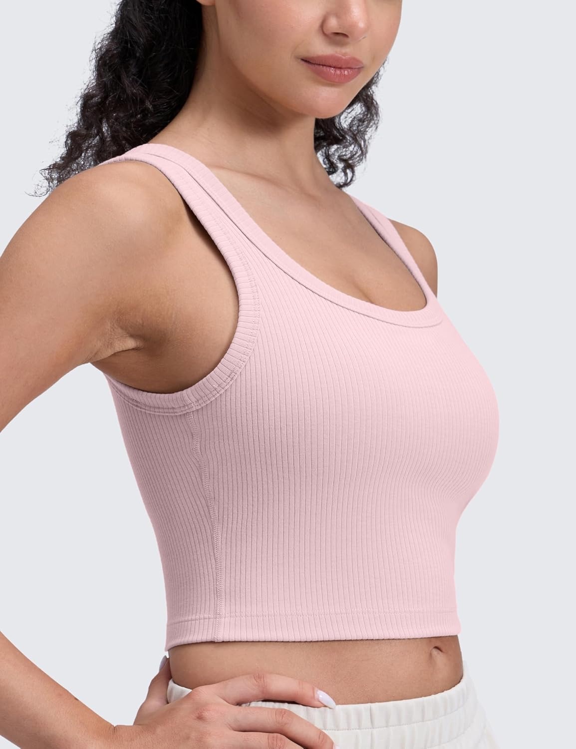 image:imageCRZ YOGA Ribbed Scoop Neck Crop Tank Tops for Women Padded Longline Sports Bras Yoga Workout CamiPink Haze
