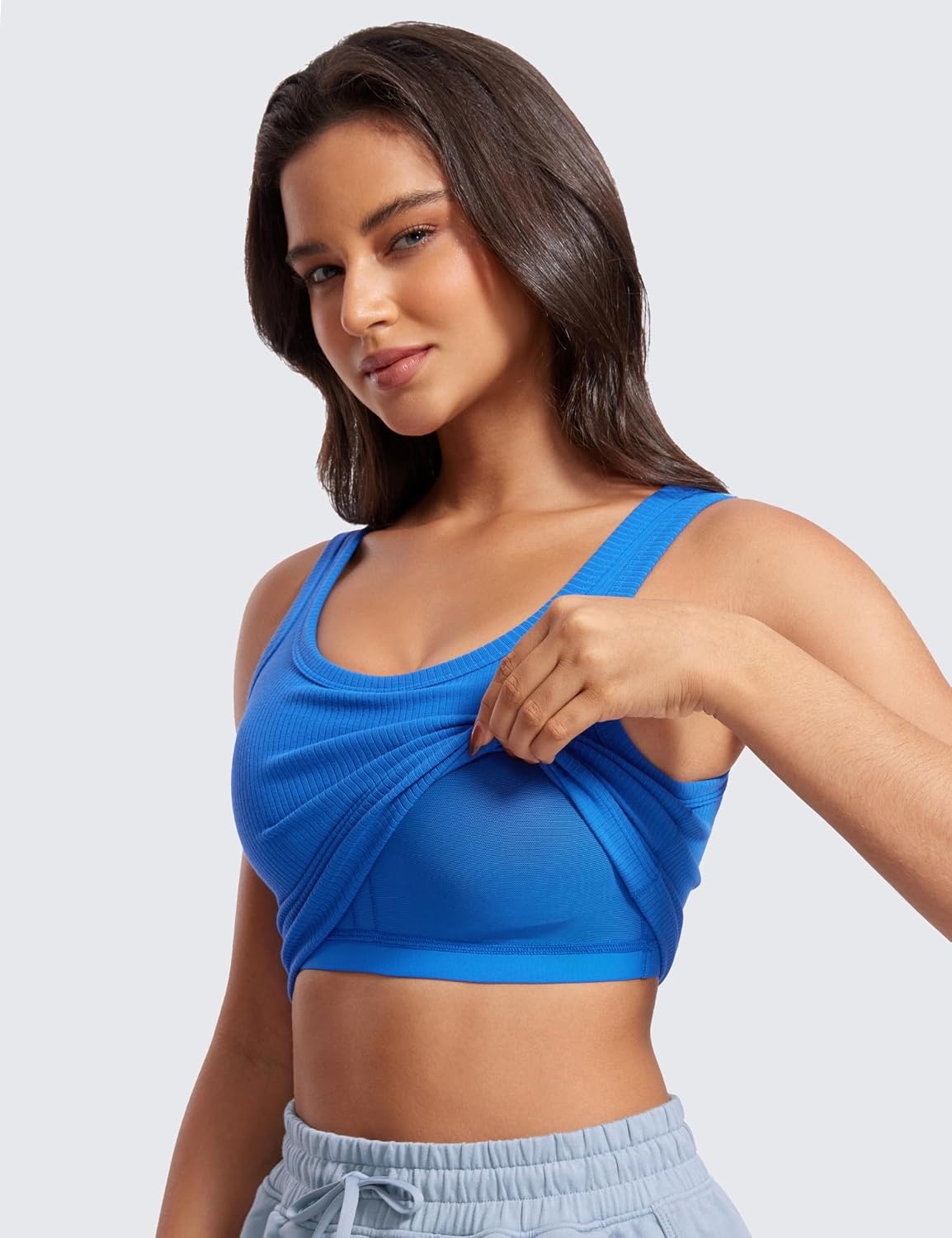 image:imageCRZ YOGA Ribbed Scoop Neck Crop Tank Tops for Women Padded Longline Sports Bras Yoga Workout CamiSparkle Blue
