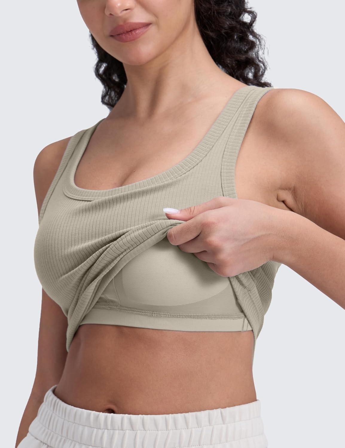 image:imageCRZ YOGA Ribbed Scoop Neck Crop Tank Tops for Women Padded Longline Sports Bras Yoga Workout CamiWarm Ash Grey