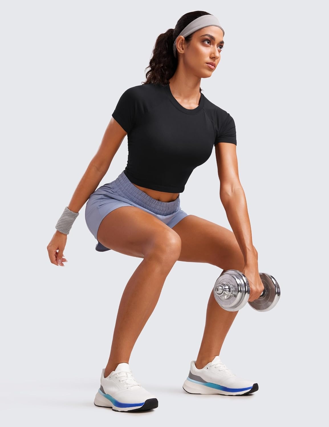 image:imageCRZ YOGA Seamless Crop Workout Tops for Women Athletic Running Gym Yoga Short Sleeve Shirts BasicBlack