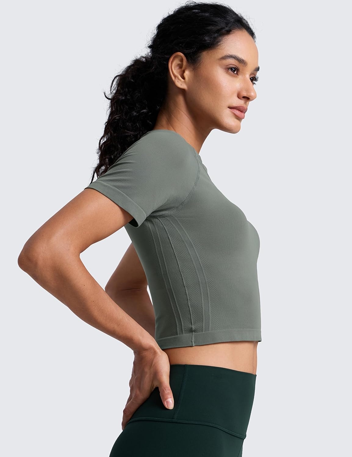 image:imageCRZ YOGA Seamless Crop Workout Tops for Women Athletic Running Gym Yoga Short Sleeve Shirts BasicGrey Sage