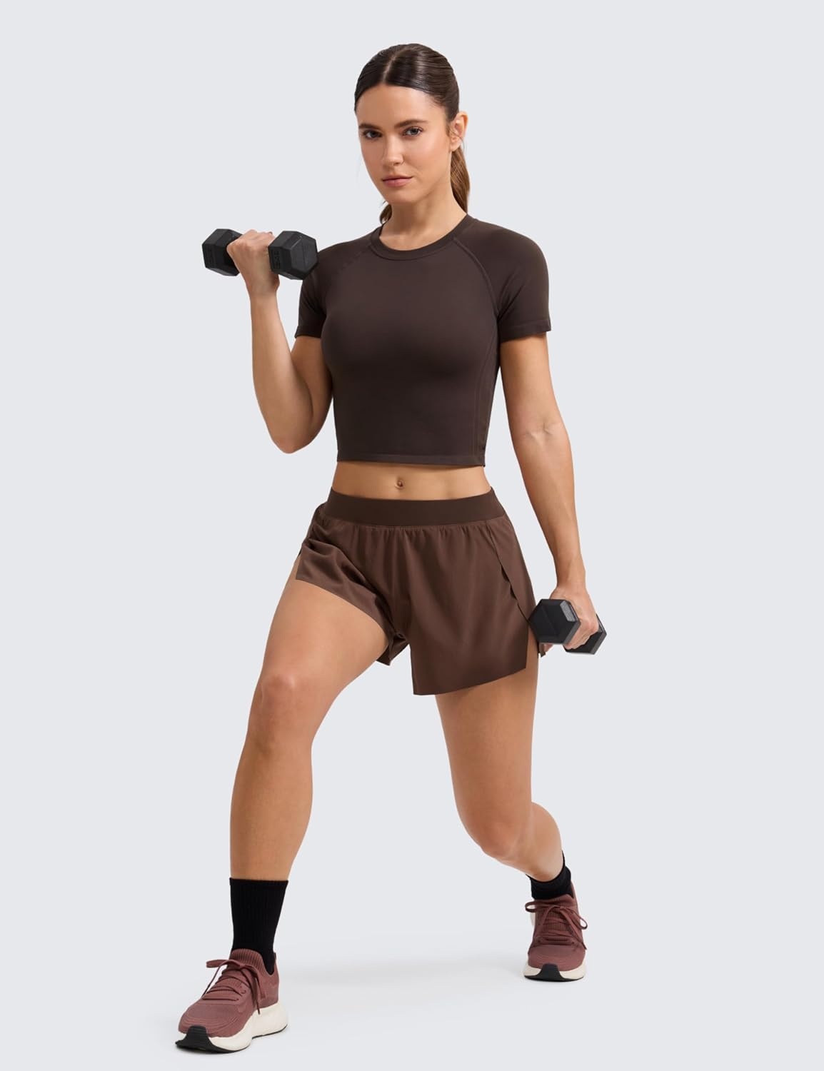 image:imageCRZ YOGA Seamless Crop Workout Tops for Women Athletic Running Gym Yoga Short Sleeve Shirts BasicHot Fudge Brown