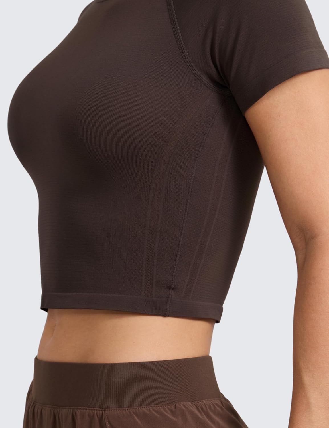 image:imageCRZ YOGA Seamless Crop Workout Tops for Women Athletic Running Gym Yoga Short Sleeve Shirts BasicHot Fudge Brown