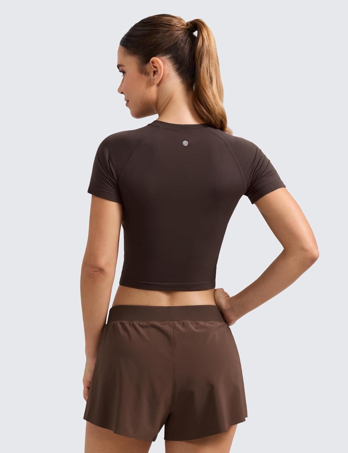 image:imageCRZ YOGA Seamless Crop Workout Tops for Women Athletic Running Gym Yoga Short Sleeve Shirts BasicHot Fudge Brown