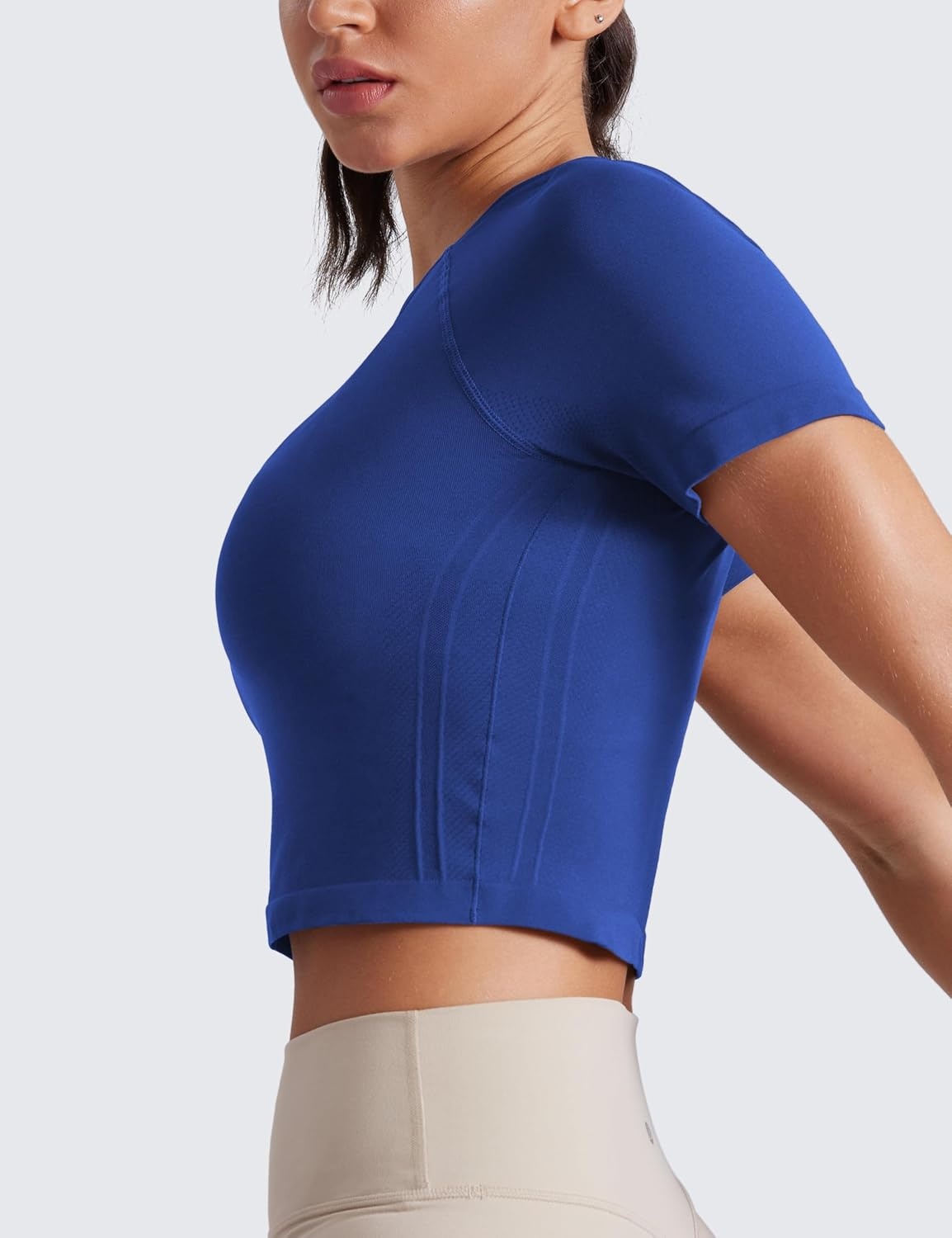 image:imageCRZ YOGA Seamless Crop Workout Tops for Women Athletic Running Gym Yoga Short Sleeve Shirts BasicLarkspur Blue