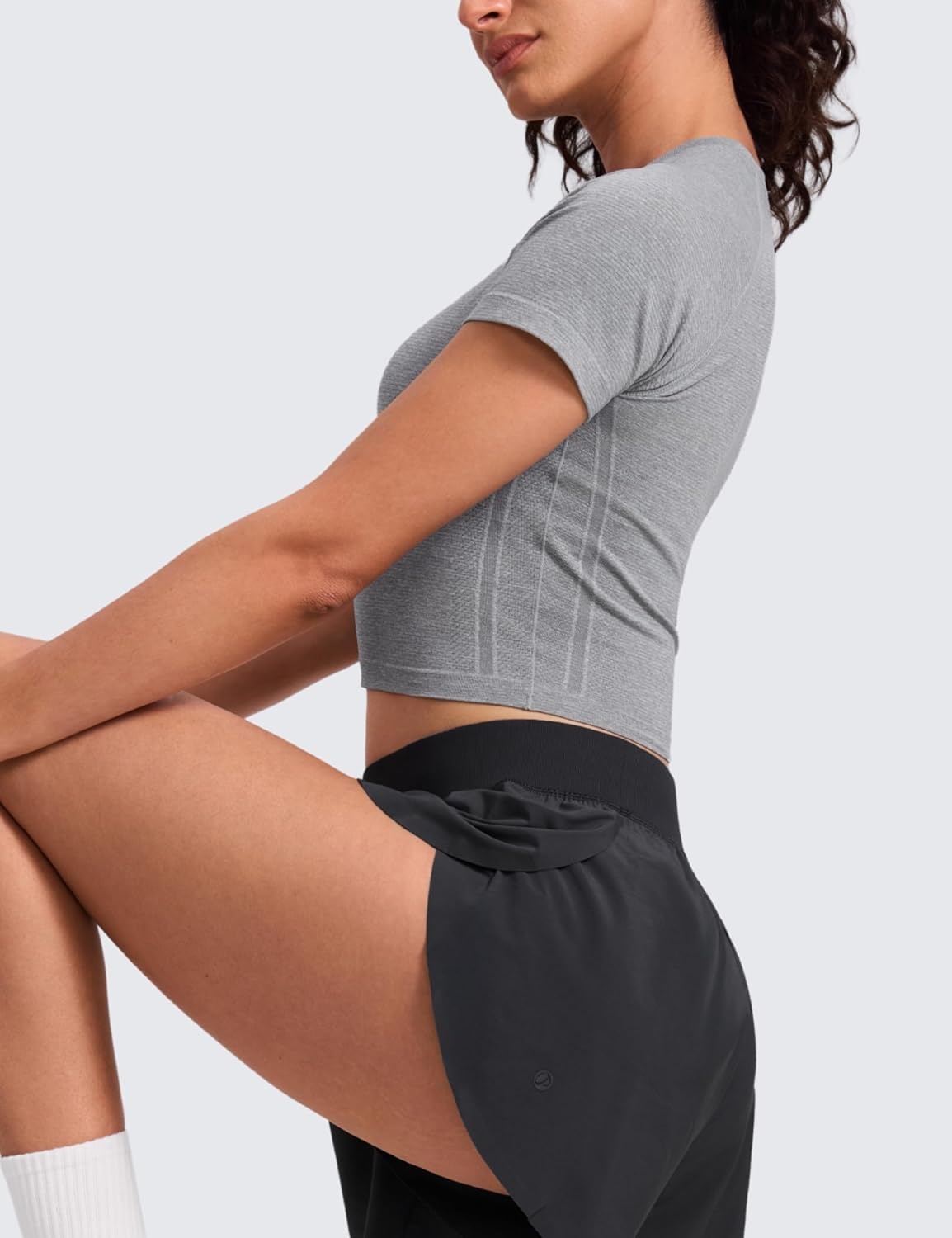 image:imageCRZ YOGA Seamless Crop Workout Tops for Women Athletic Running Gym Yoga Short Sleeve Shirts BasicSlate Grey Marl