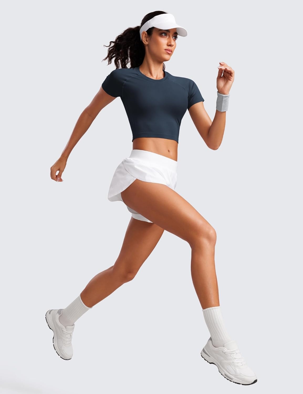 image:imageCRZ YOGA Seamless Crop Workout Tops for Women Athletic Running Gym Yoga Short Sleeve Shirts BasicTwilight Blue