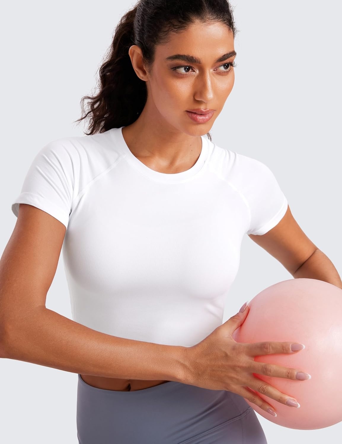 image:imageCRZ YOGA Seamless Crop Workout Tops for Women Athletic Running Gym Yoga Short Sleeve Shirts BasicWhite