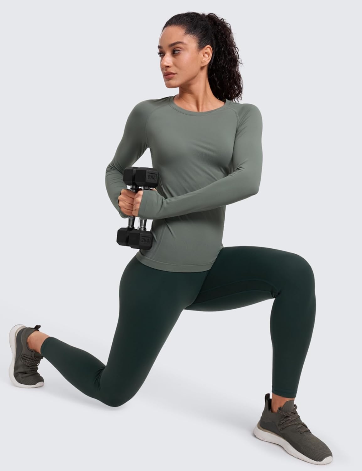image:imageCRZ YOGA Seamless Long Sleeve Shirts for Women Hip Length Workout Athletic Running Gym Yoga Tops Breathable Crewneck TshirtGrey Sage