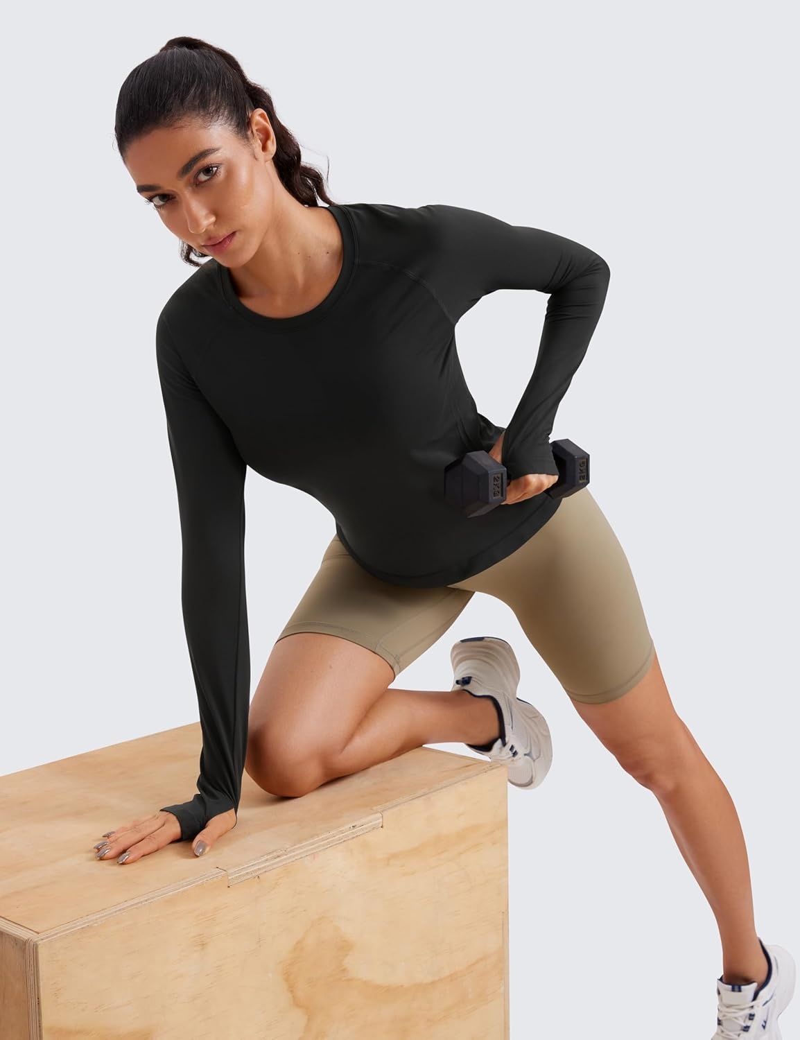image:imageCRZ YOGA Seamless Long Sleeve Shirts for Women Waist Length Workout Athletic Running Gym Yoga Tops Crewneck BreathableBlack