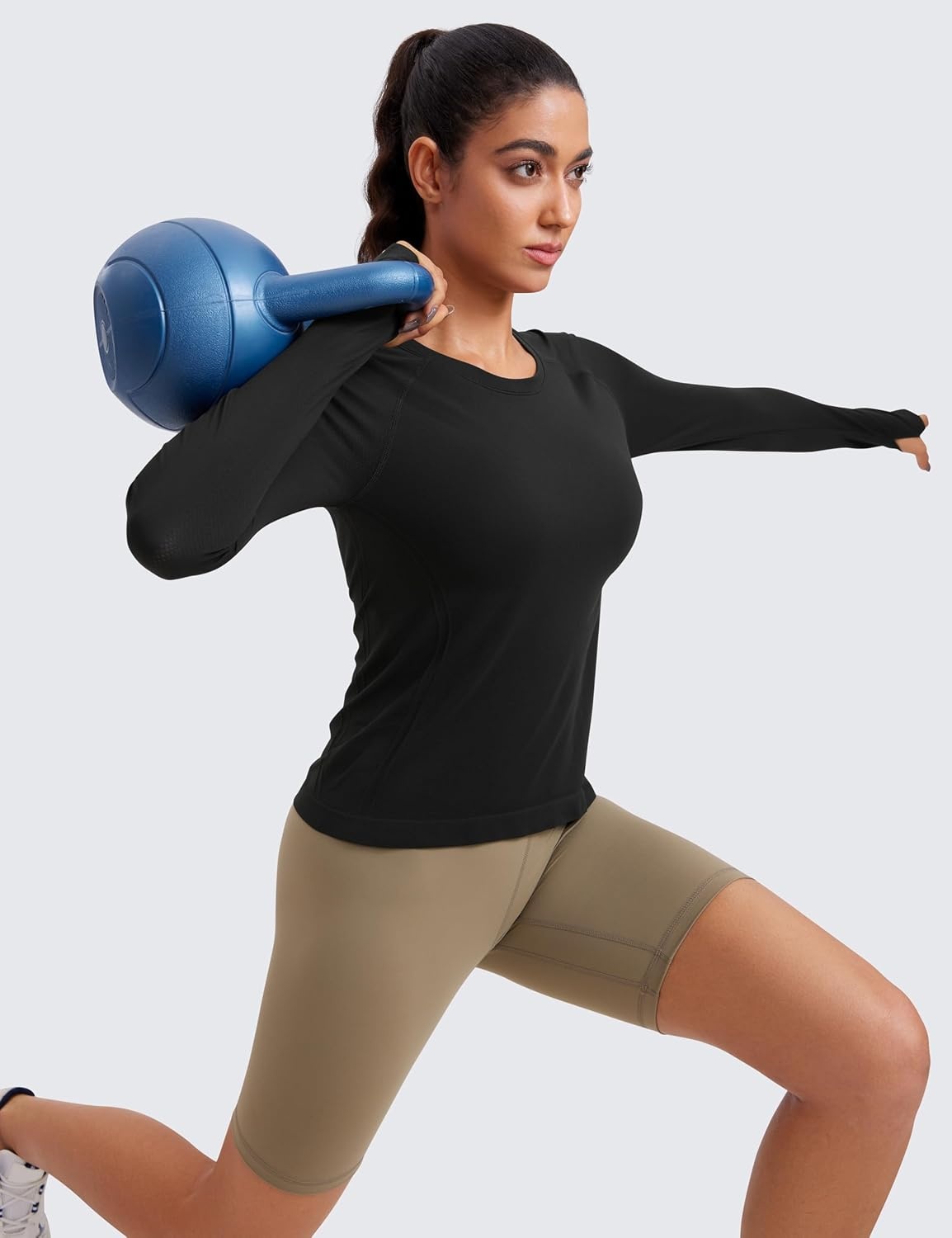 image:imageCRZ YOGA Seamless Long Sleeve Shirts for Women Waist Length Workout Athletic Running Gym Yoga Tops Crewneck BreathableBlack