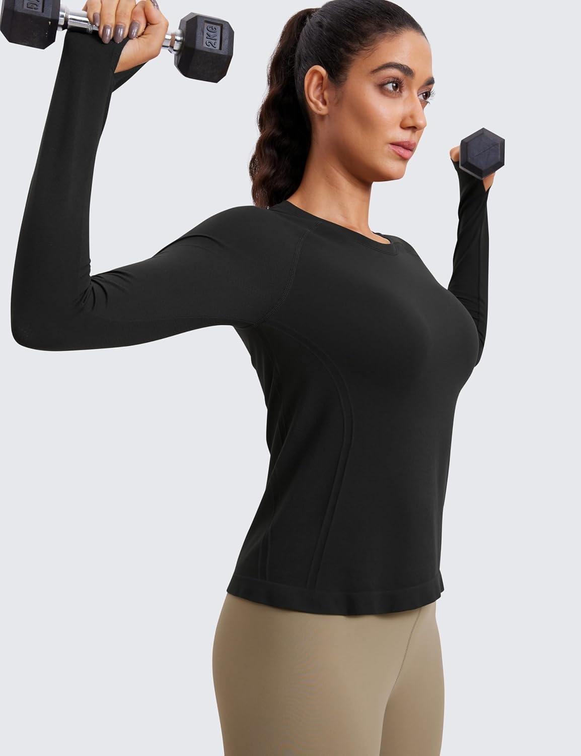 image:imageCRZ YOGA Seamless Long Sleeve Shirts for Women Waist Length Workout Athletic Running Gym Yoga Tops Crewneck BreathableBlack