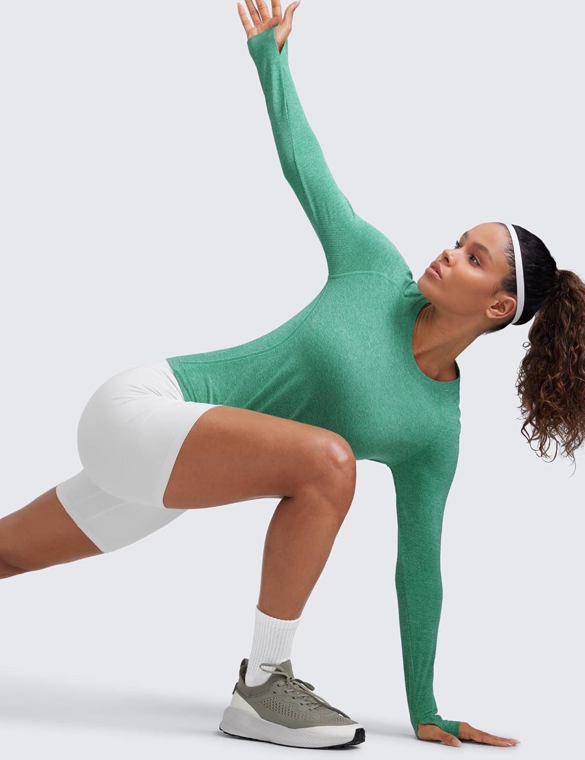 image:imageCRZ YOGA Seamless Long Sleeve Shirts for Women Waist Length Workout Athletic Running Gym Yoga Tops Crewneck BreathableCascadia Green Heather