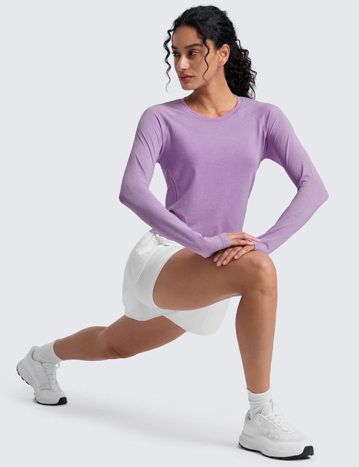 image:imageCRZ YOGA Seamless Long Sleeve Shirts for Women Waist Length Workout Athletic Running Gym Yoga Tops Crewneck BreathableElfin Purple Heather