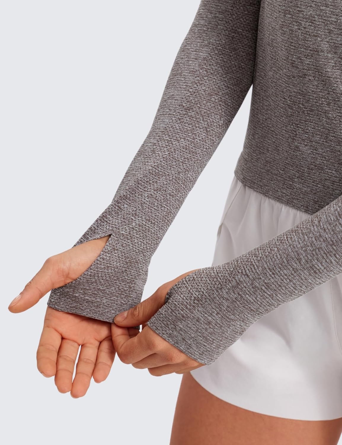 image:imageCRZ YOGA Seamless Long Sleeve Shirts for Women Waist Length Workout Athletic Running Gym Yoga Tops Crewneck BreathableHot Fudge Brown Heather