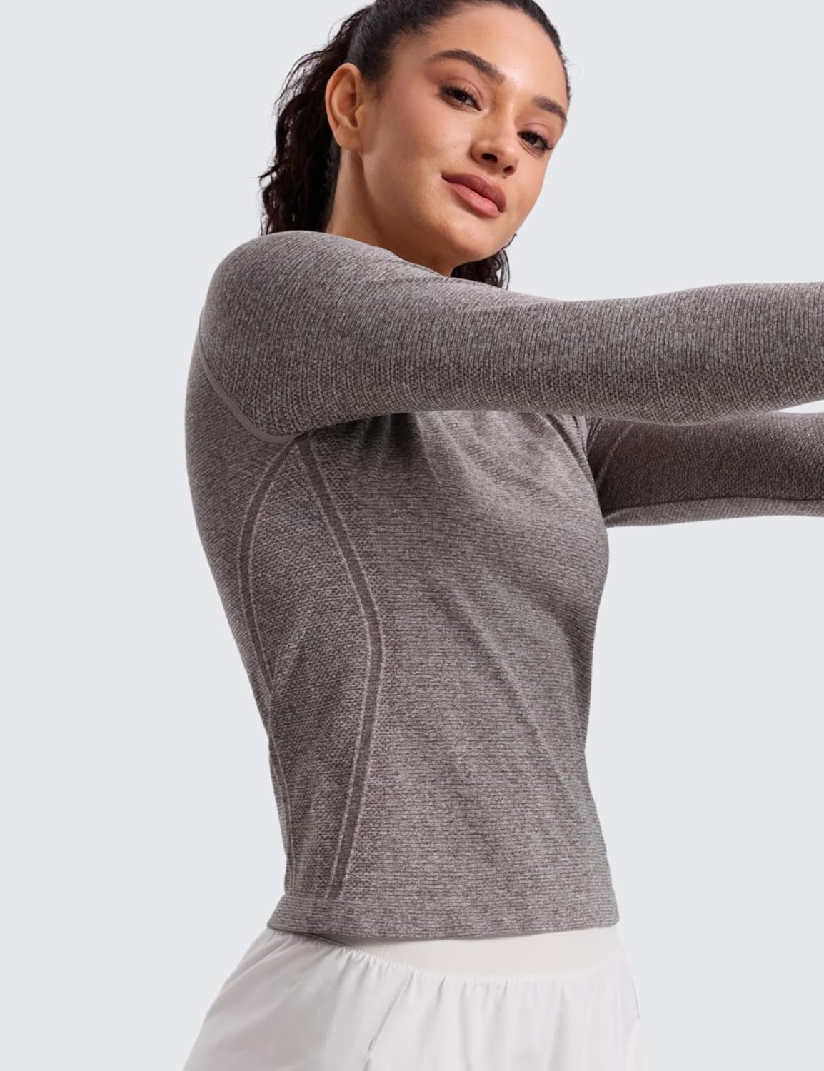 image:imageCRZ YOGA Seamless Long Sleeve Shirts for Women Waist Length Workout Athletic Running Gym Yoga Tops Crewneck BreathableHot Fudge Brown Heather