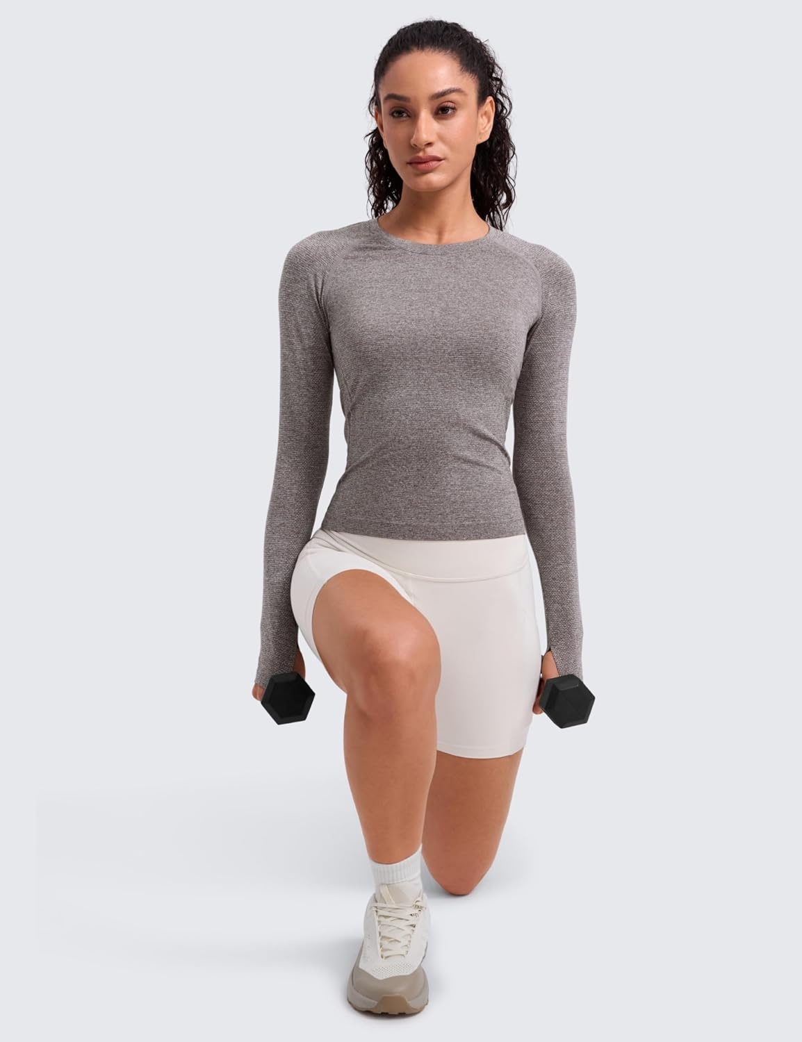 image:imageCRZ YOGA Seamless Long Sleeve Shirts for Women Waist Length Workout Athletic Running Gym Yoga Tops Crewneck BreathableHot Fudge Brown Heather