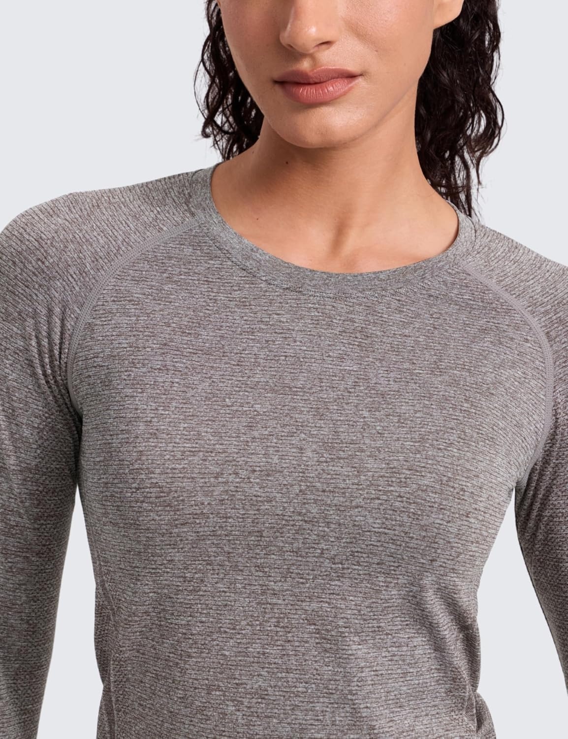 image:imageCRZ YOGA Seamless Long Sleeve Shirts for Women Waist Length Workout Athletic Running Gym Yoga Tops Crewneck BreathableHot Fudge Brown Heather