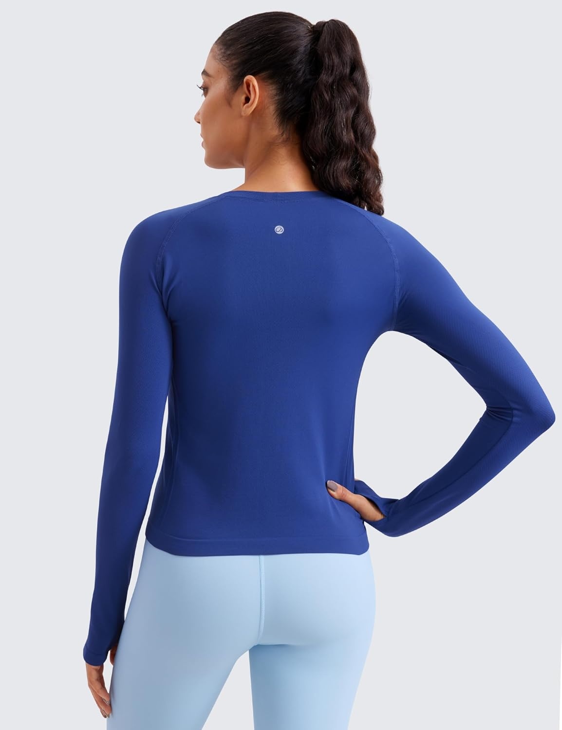 image:imageCRZ YOGA Seamless Long Sleeve Shirts for Women Waist Length Workout Athletic Running Gym Yoga Tops Crewneck BreathableLarkspur Blue