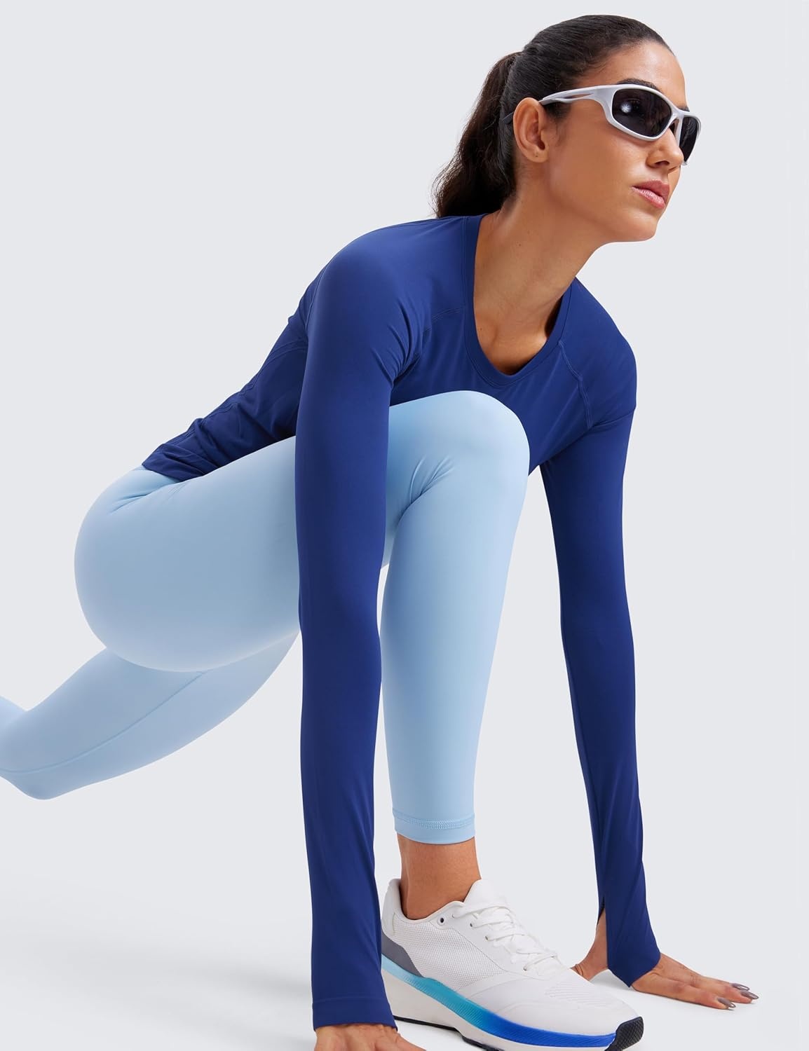 image:imageCRZ YOGA Seamless Long Sleeve Shirts for Women Waist Length Workout Athletic Running Gym Yoga Tops Crewneck BreathableLarkspur Blue