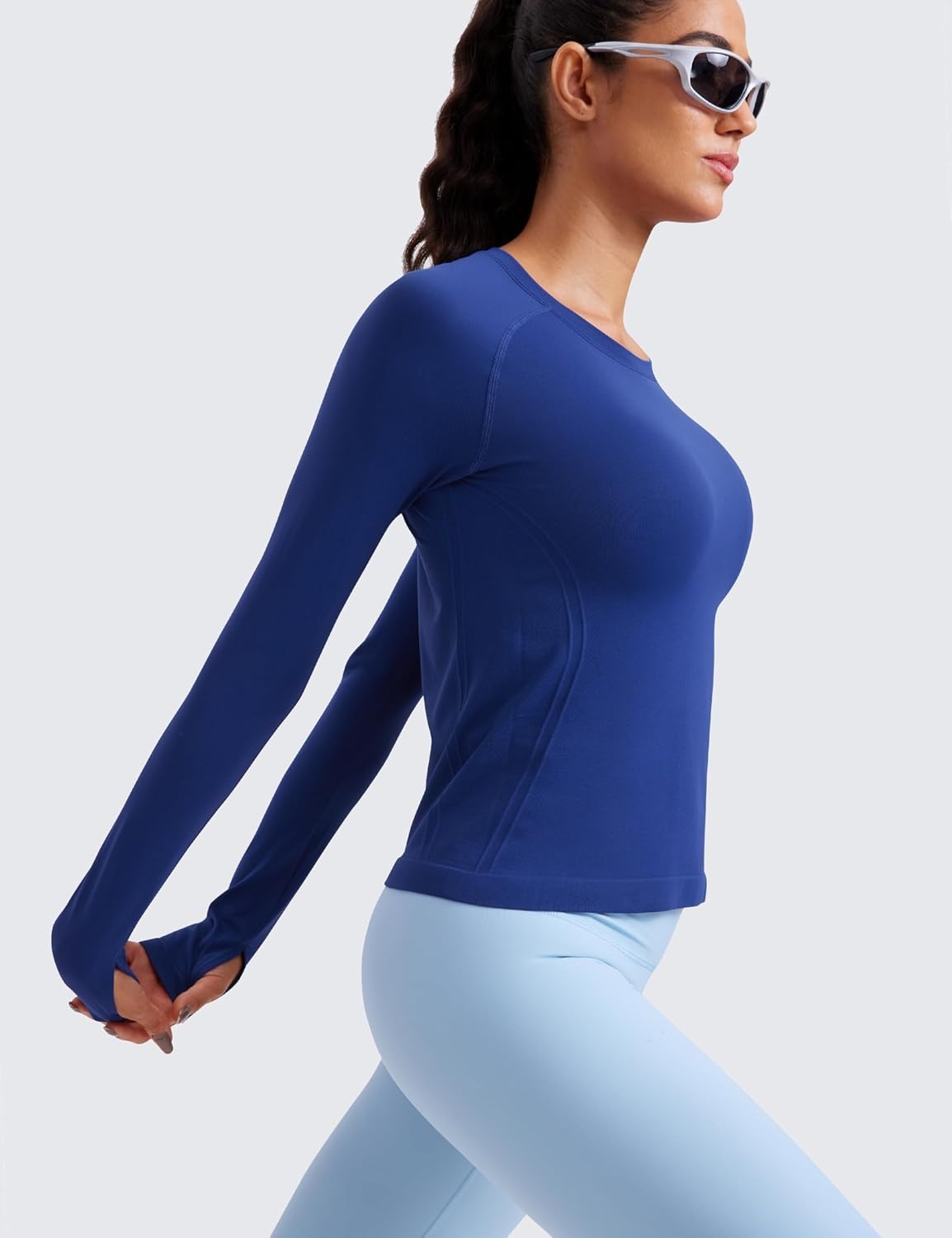 image:imageCRZ YOGA Seamless Long Sleeve Shirts for Women Waist Length Workout Athletic Running Gym Yoga Tops Crewneck BreathableLarkspur Blue