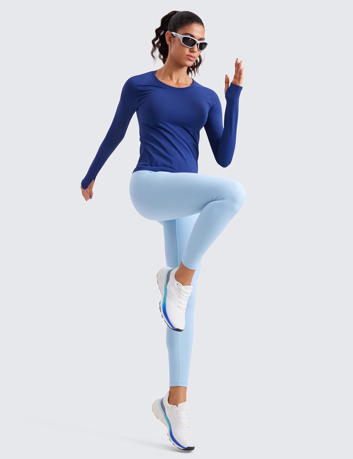 image:imageCRZ YOGA Seamless Long Sleeve Shirts for Women Waist Length Workout Athletic Running Gym Yoga Tops Crewneck BreathableLarkspur Blue