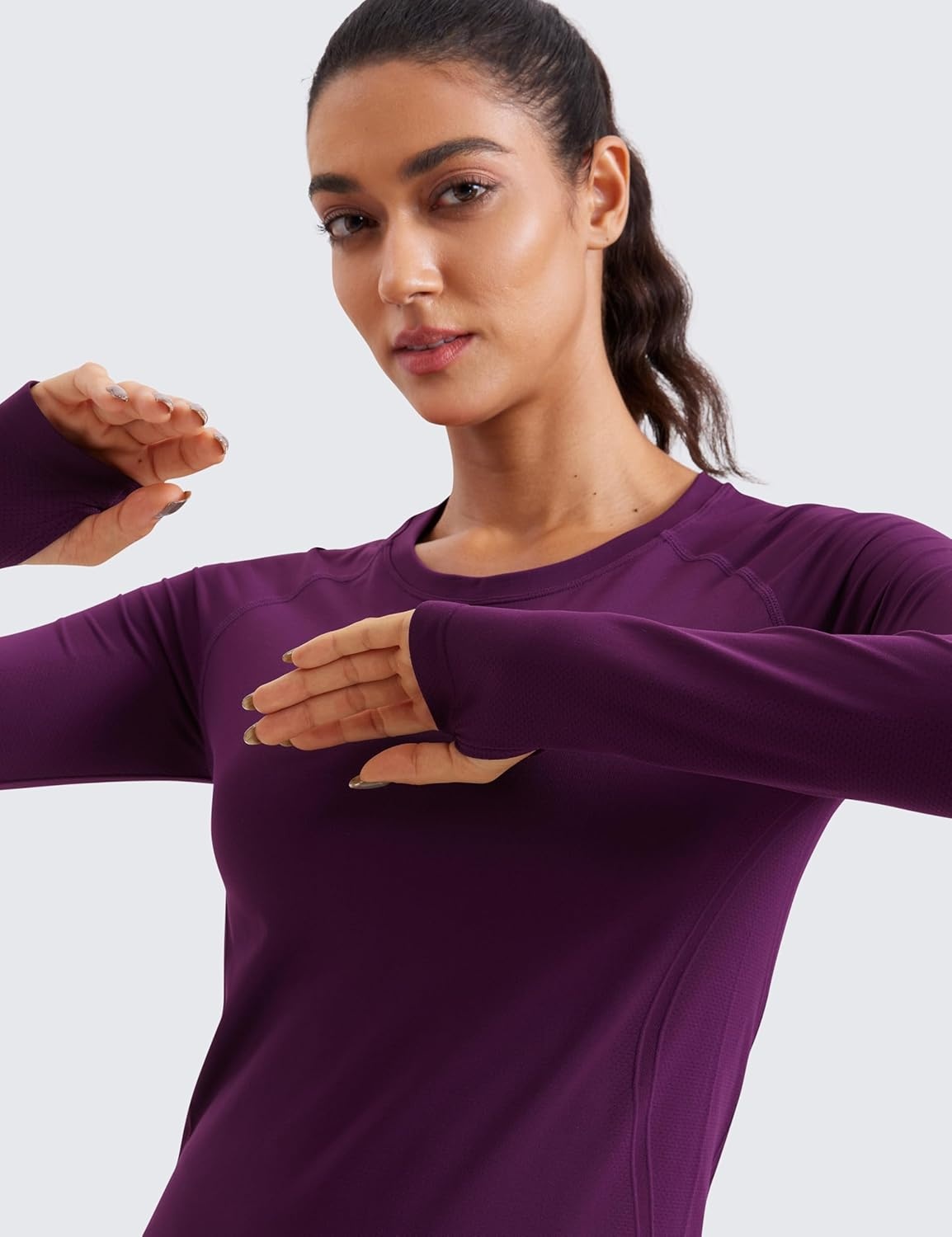 image:imageCRZ YOGA Seamless Long Sleeve Shirts for Women Waist Length Workout Athletic Running Gym Yoga Tops Crewneck BreathablePlum Magenta