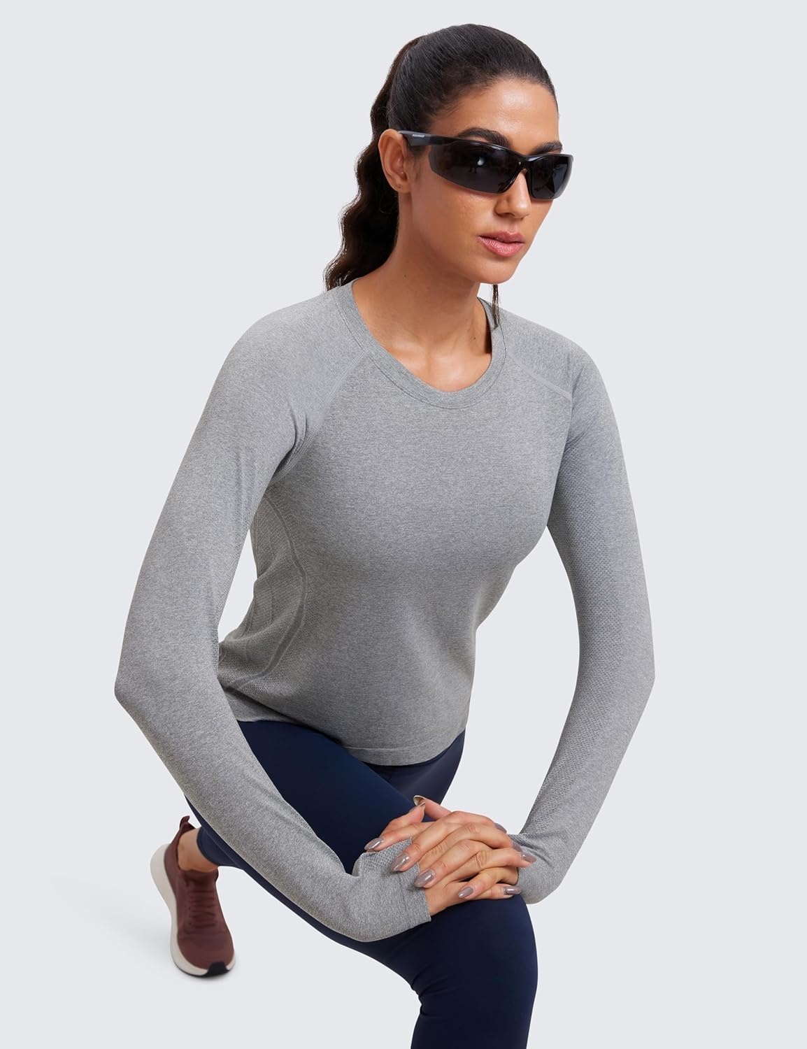 image:imageCRZ YOGA Seamless Long Sleeve Shirts for Women Waist Length Workout Athletic Running Gym Yoga Tops Crewneck BreathableSlate Grey Marl