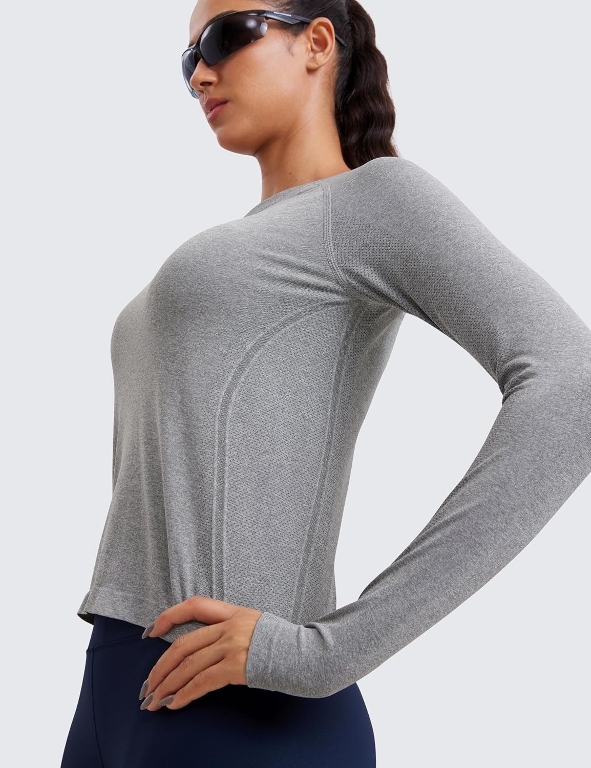 image:imageCRZ YOGA Seamless Long Sleeve Shirts for Women Waist Length Workout Athletic Running Gym Yoga Tops Crewneck BreathableSlate Grey Marl