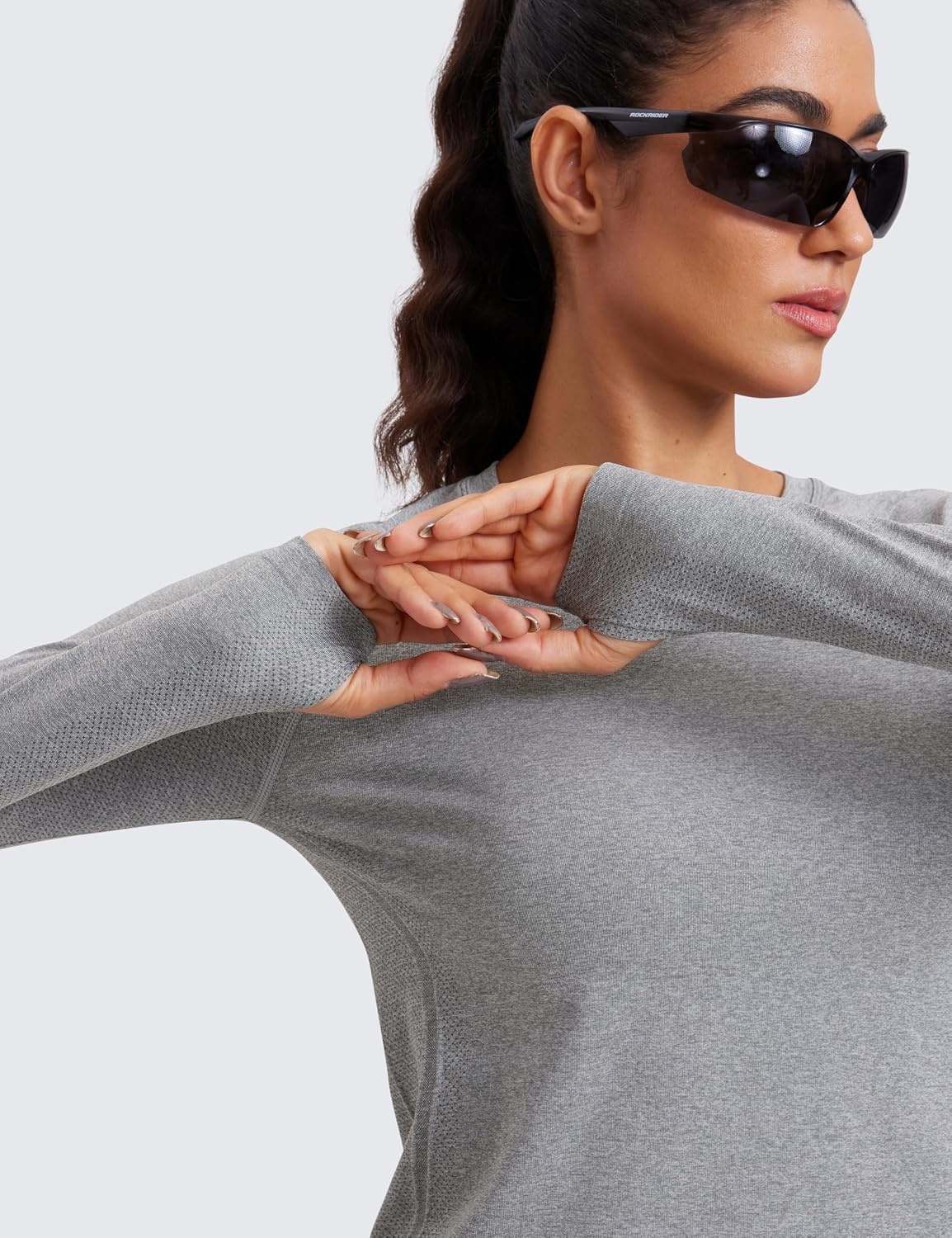 image:imageCRZ YOGA Seamless Long Sleeve Shirts for Women Waist Length Workout Athletic Running Gym Yoga Tops Crewneck BreathableSlate Grey Marl